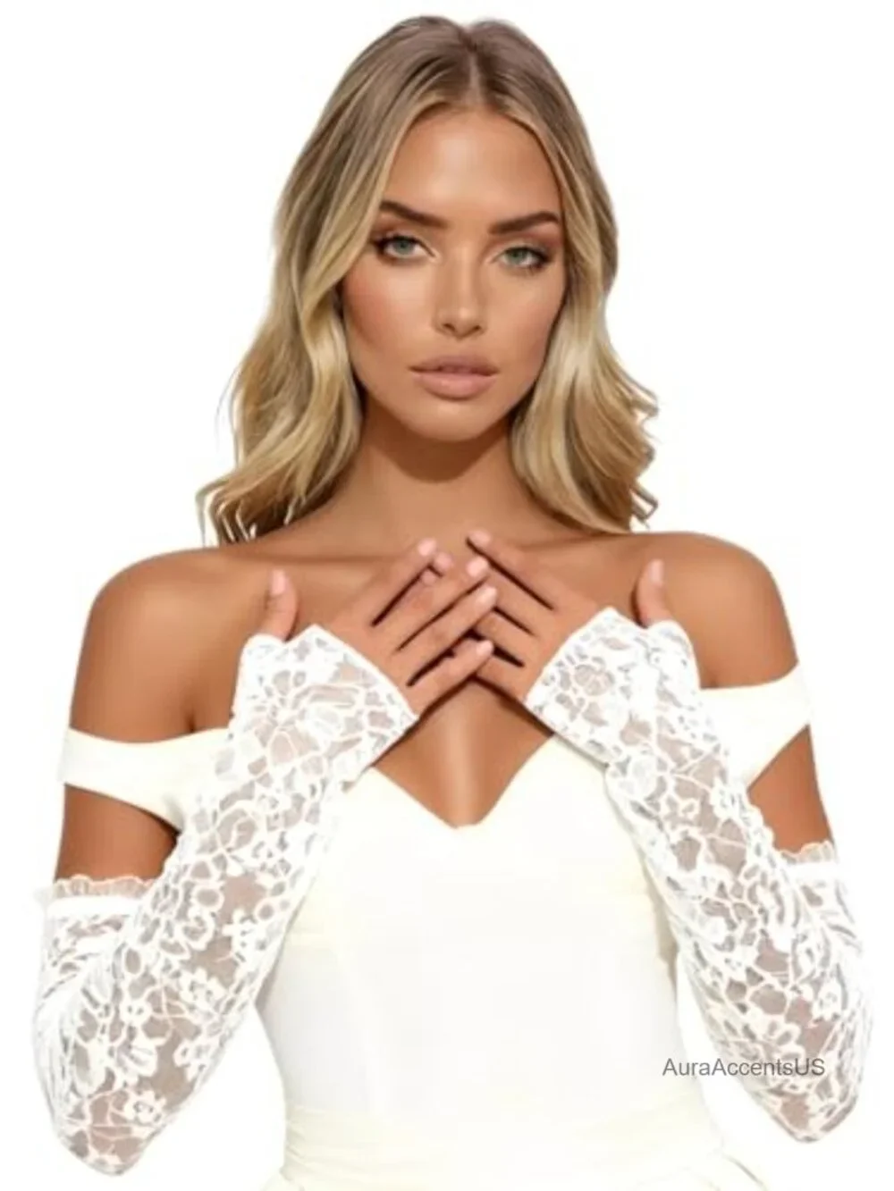 Fingerless Lace Gloves Elbow Length Floral Bridal Arm Sleeves Stretchy